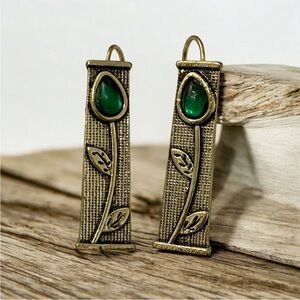 Gold & Green Stone Bar Dangle Earrings